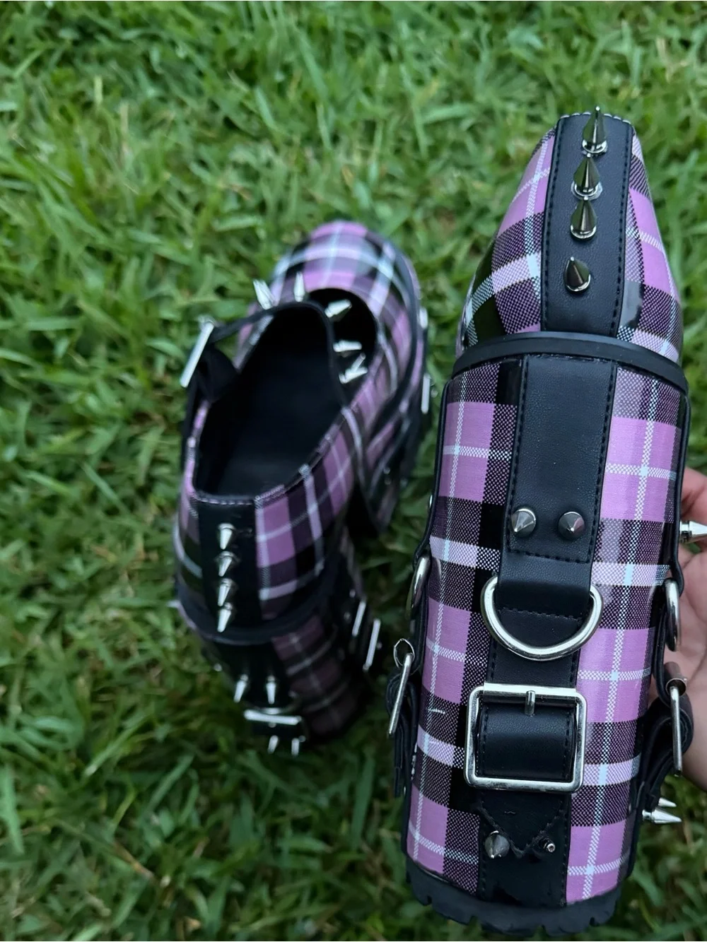 Dolls Kill Pink Plaid Platform Mary Janes with Studded Buckle